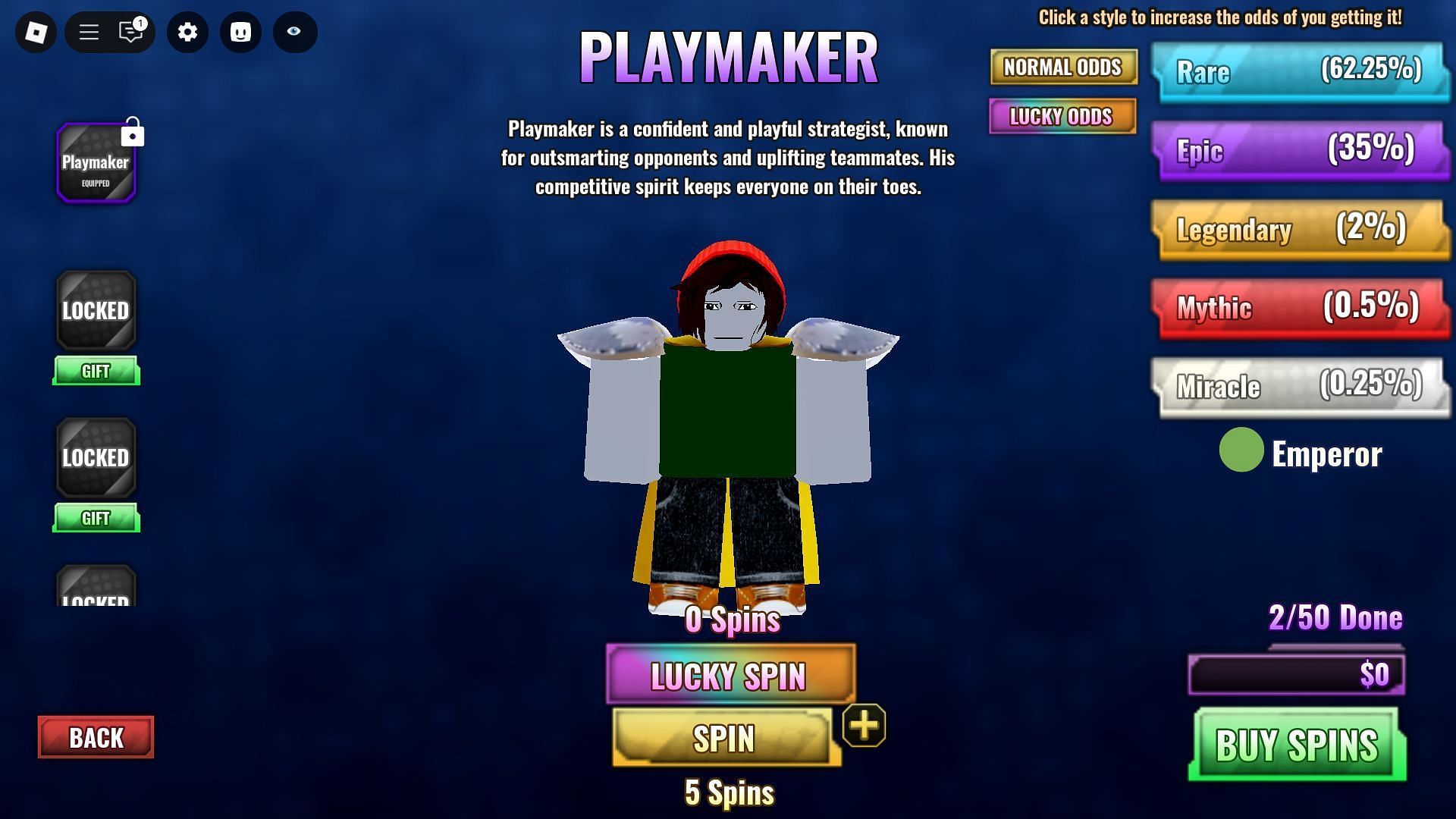 Emperor on the Style Spin screen (Image via Roblox)